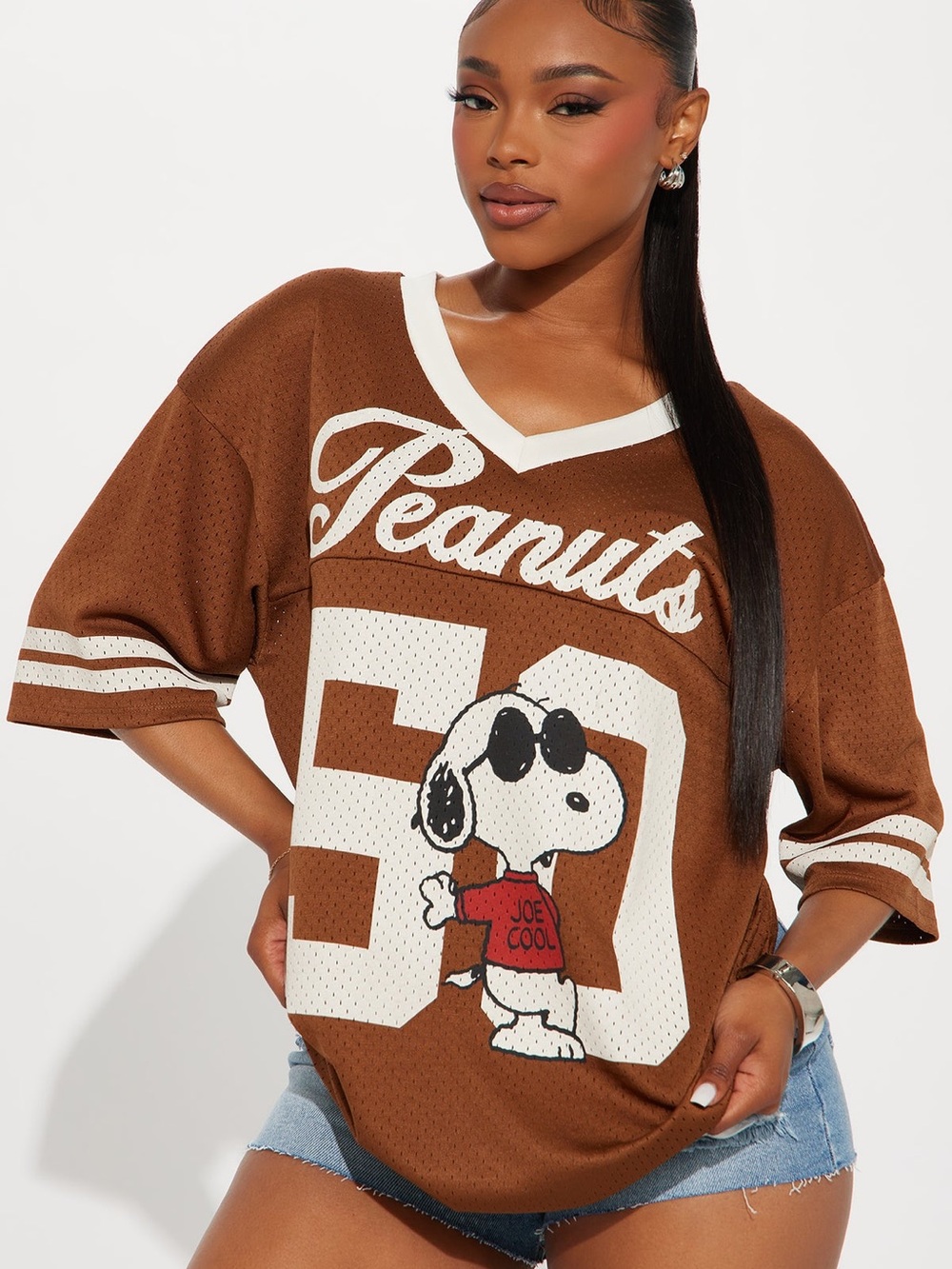 Fashion Nova x Peanuts Snoopy Joe Mesh Football Jersey Brown Size M